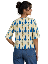 Vastraanii Women's Cream Floral Printed Cotton Top with Notch Neck