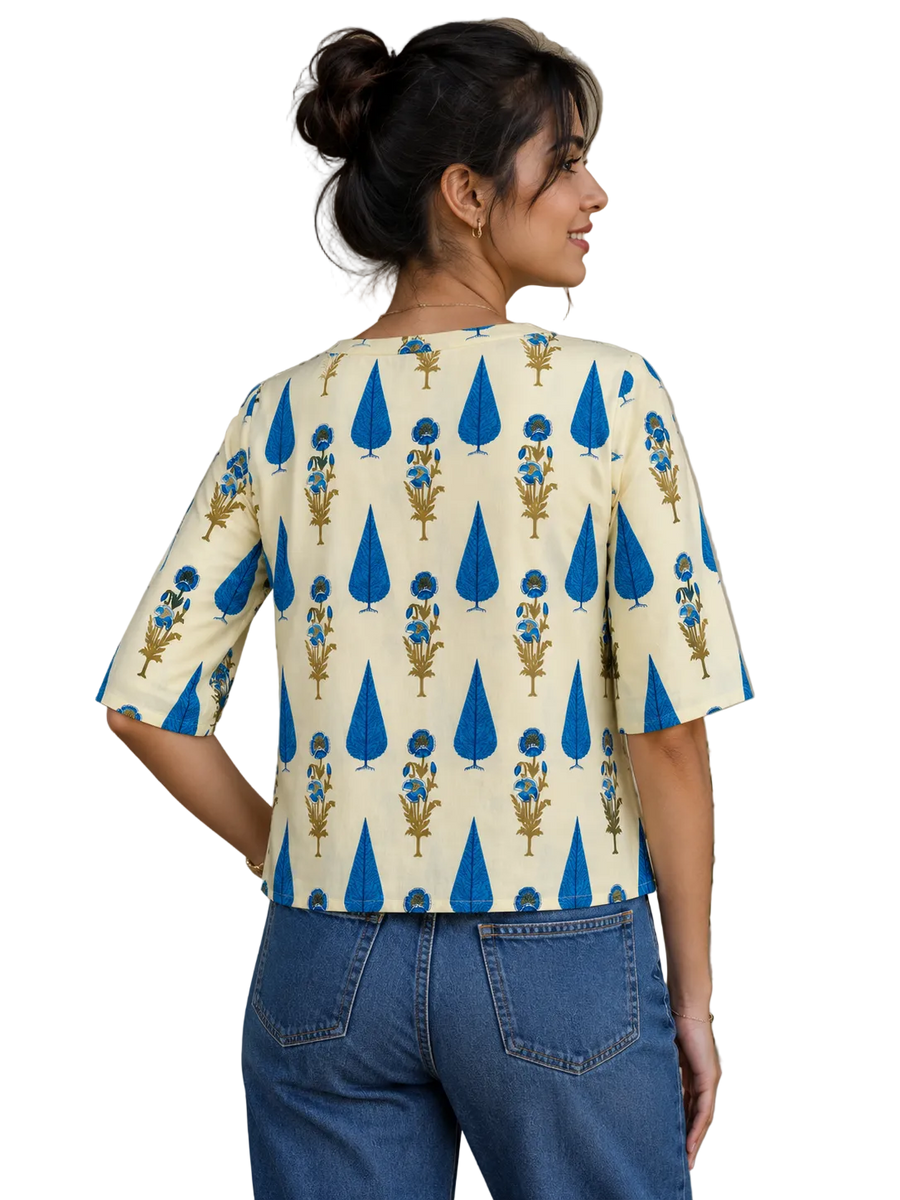 Vastraanii Women's Cream Floral Printed Cotton Top with Notch Neck
