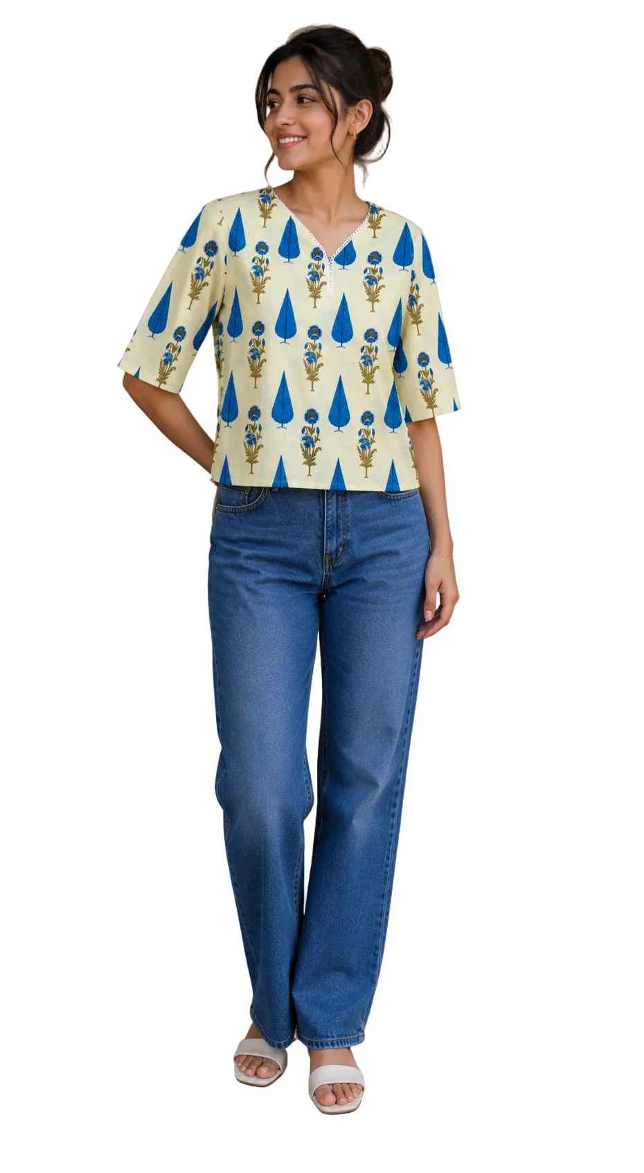 Vastraanii Women's Cream Floral Printed Cotton Top with Notch Neck