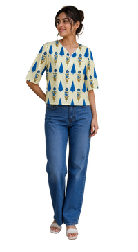 Vastraanii Women's Cream Floral Printed Cotton Top with Notch Neck
