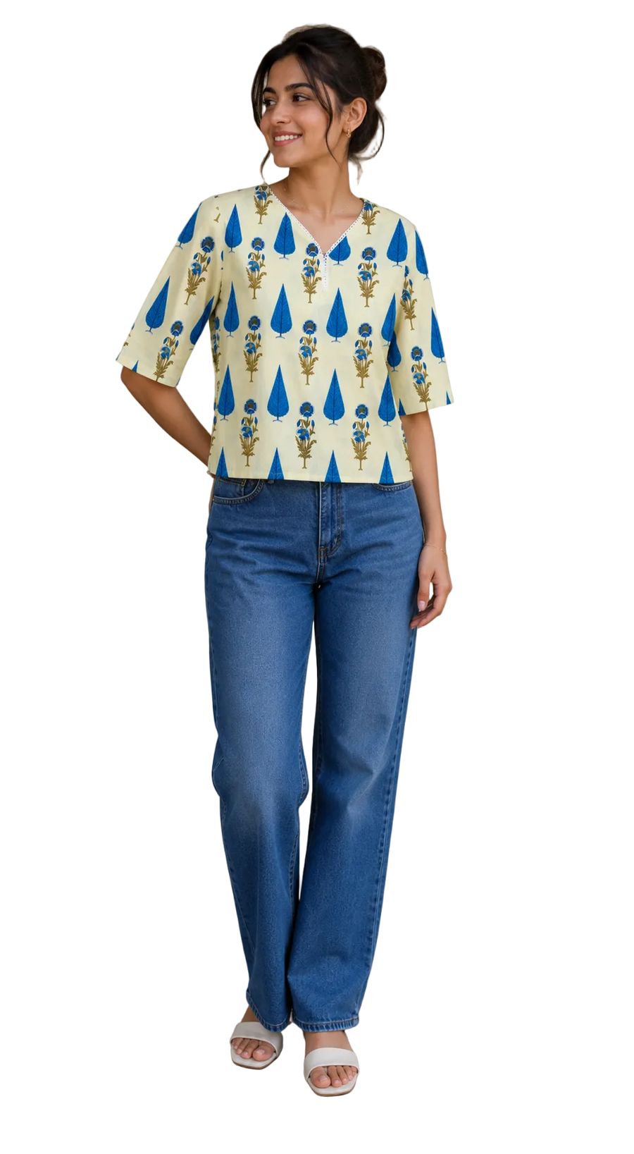 Vastraanii Women's Cream Floral Printed Cotton Top with Notch Neck