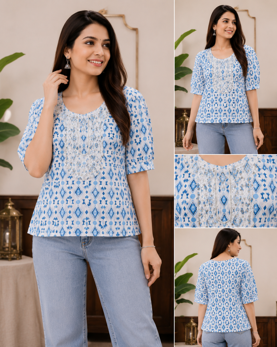 Vastraanii Women's Blue Ikat Printed Cotton Embroidered Kurti Top