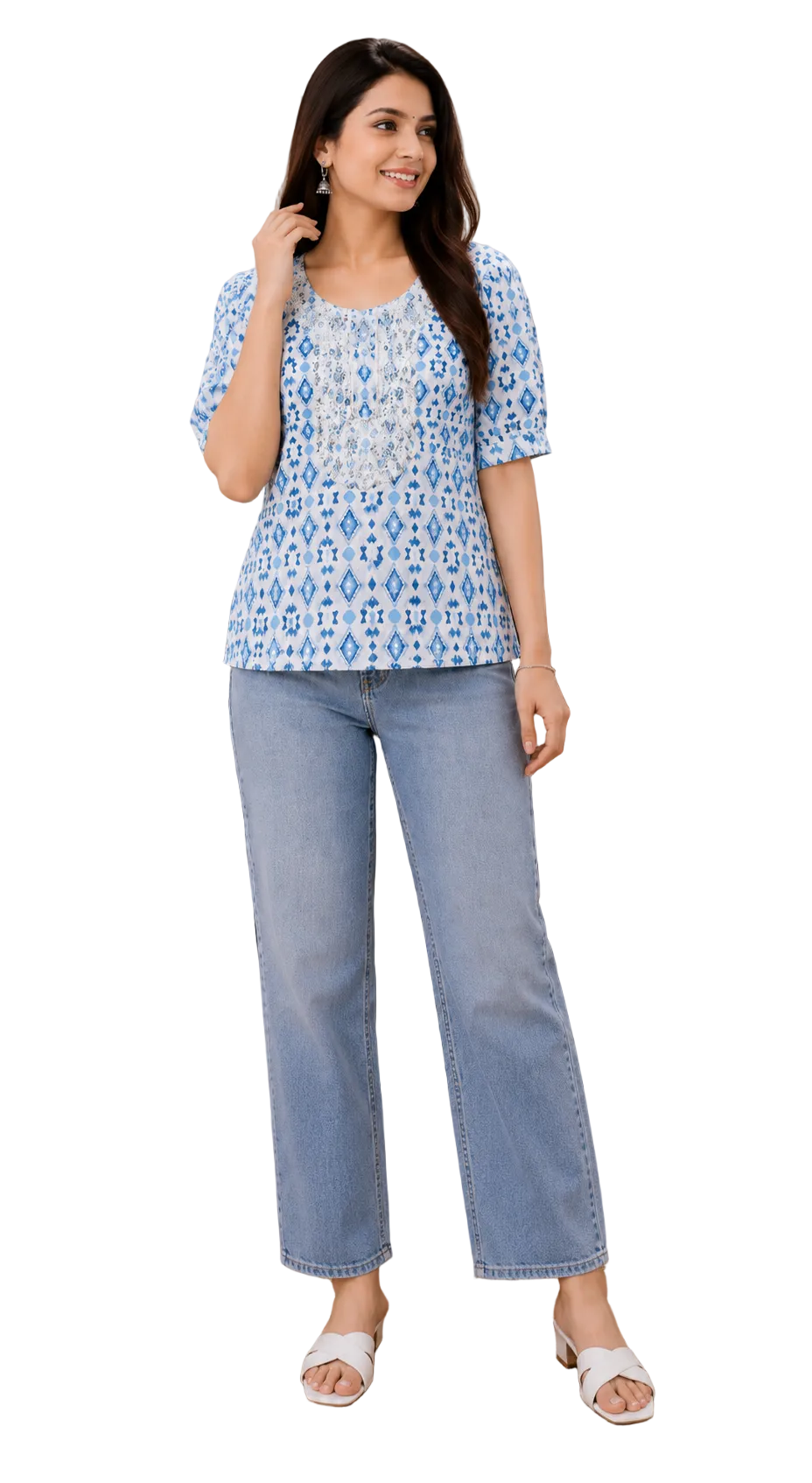Vastraanii Women's Blue Ikat Printed Cotton Embroidered Kurti Top
