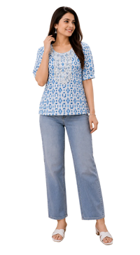 Vastraanii Women's Blue Ikat Printed Cotton Embroidered Kurti Top