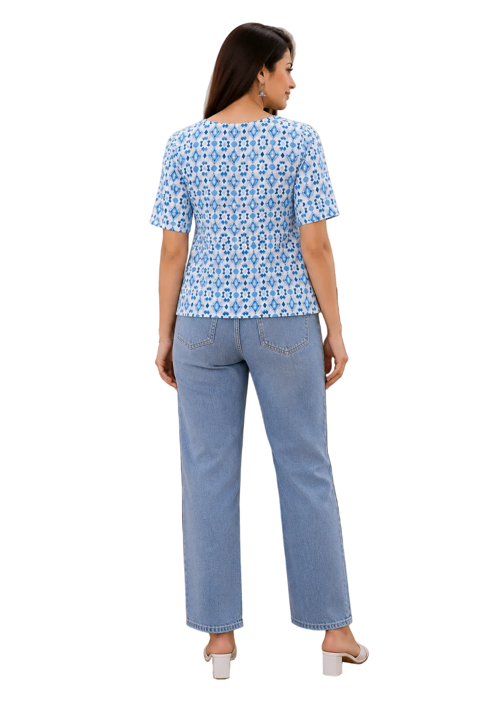 Vastraanii Women's Blue Ikat Printed Cotton Embroidered Kurti Top