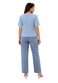 Vastraanii Women's Blue Ikat Printed Cotton Embroidered Kurti Top
