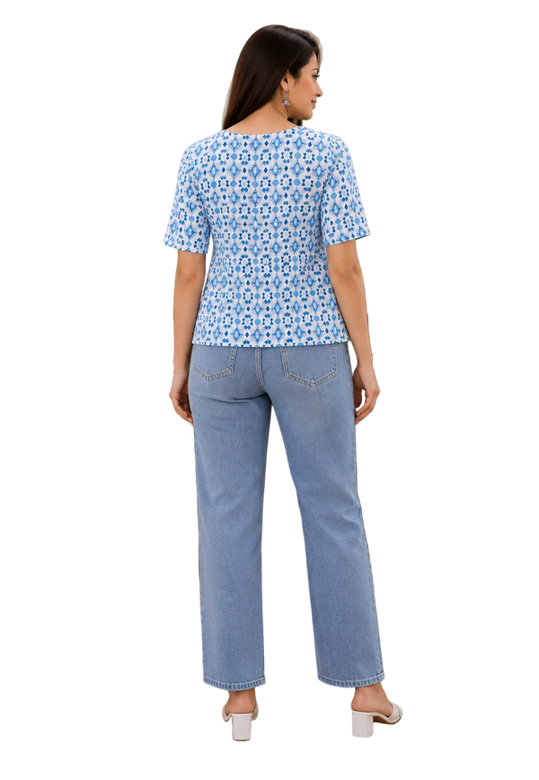 Vastraanii Women's Blue Ikat Printed Cotton Embroidered Kurti Top