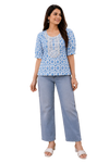Vastraanii Women's Blue Ikat Printed Cotton Embroidered Kurti Top