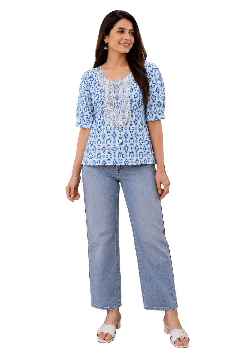 Vastraanii Women's Blue Ikat Printed Cotton Embroidered Kurti Top