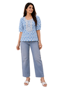 Vastraanii Women's Blue Ikat Printed Cotton Embroidered Kurti Top