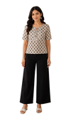 Vastraanii Women's Beige Ethnic Printed Cotton Top with Embroidered Yoke