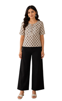 Vastraanii Women's Beige Ethnic Printed Cotton Top with Embroidered Yoke