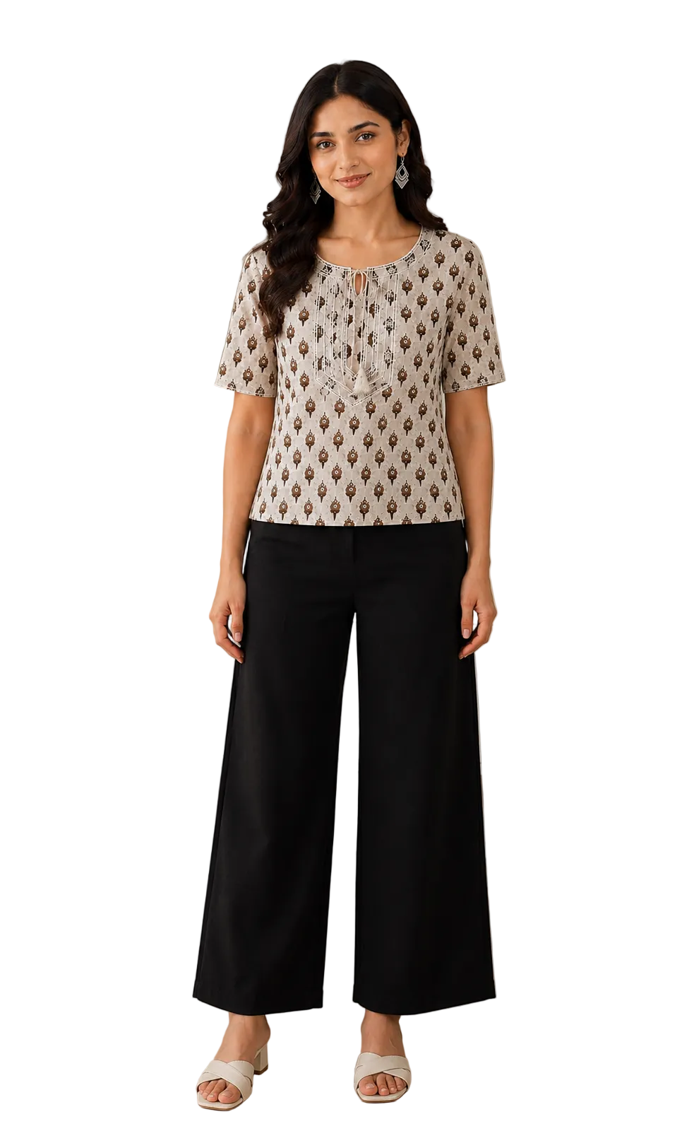 Vastraanii Women's Beige Ethnic Printed Cotton Top with Embroidered Yoke