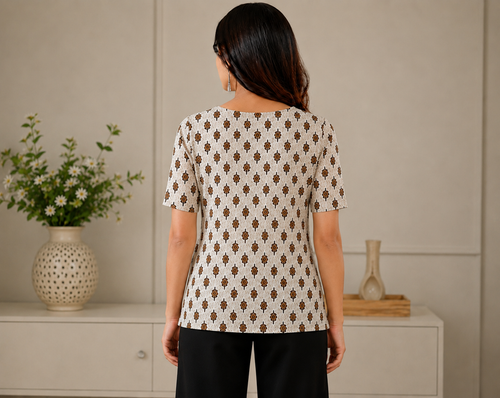 Vastraanii Women's Beige Ethnic Printed Cotton Top with Embroidered Yoke