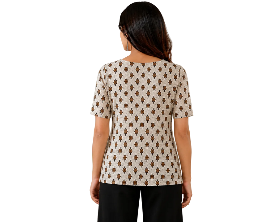 Vastraanii Women's Beige Ethnic Printed Cotton Top with Embroidered Yoke