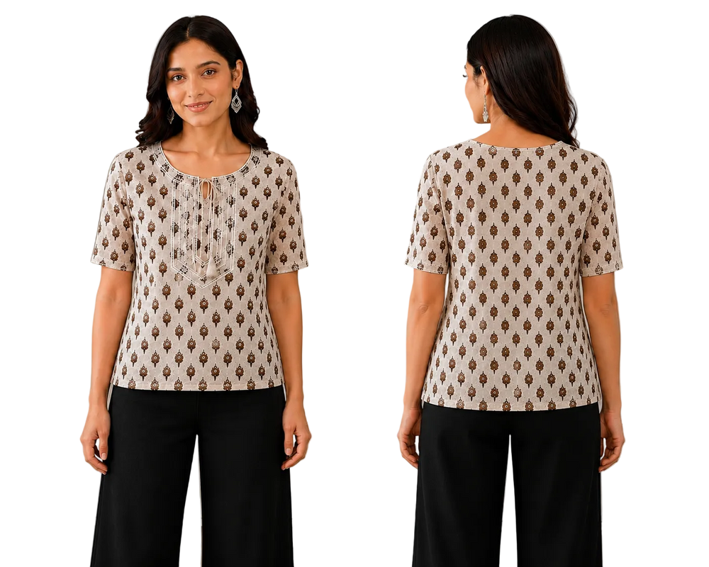 Vastraanii Women's Beige Ethnic Printed Cotton Top with Embroidered Yoke