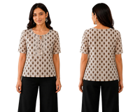 Vastraanii Women's Beige Ethnic Printed Cotton Top with Embroidered Yoke