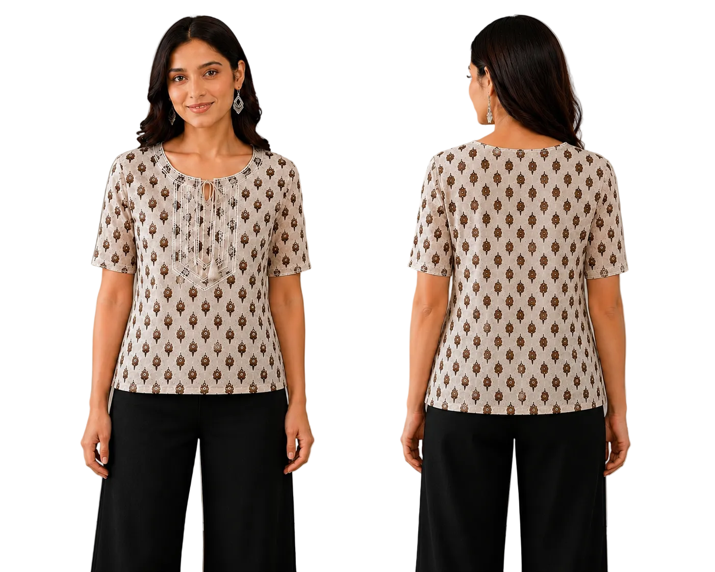 Vastraanii Women's Beige Ethnic Printed Cotton Top with Embroidered Yoke