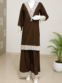 Brown Cotton Kurta Palazzo Set with Intricate Lace Detailing
