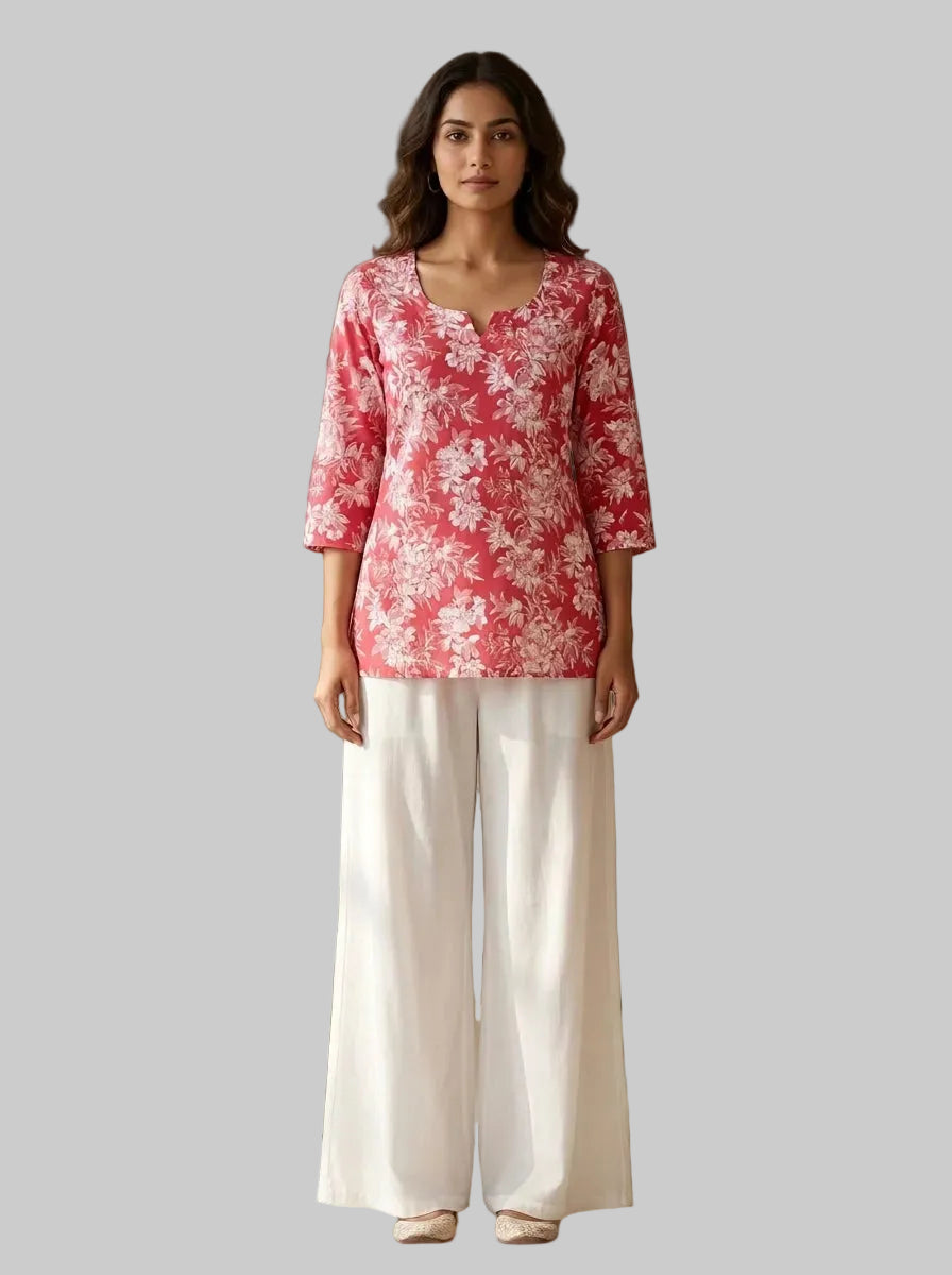 Vastraanii Pink Floral Printed Women’s Cotton Blend Short Kurti 3/4 Sleeves Casual Ethnic Top