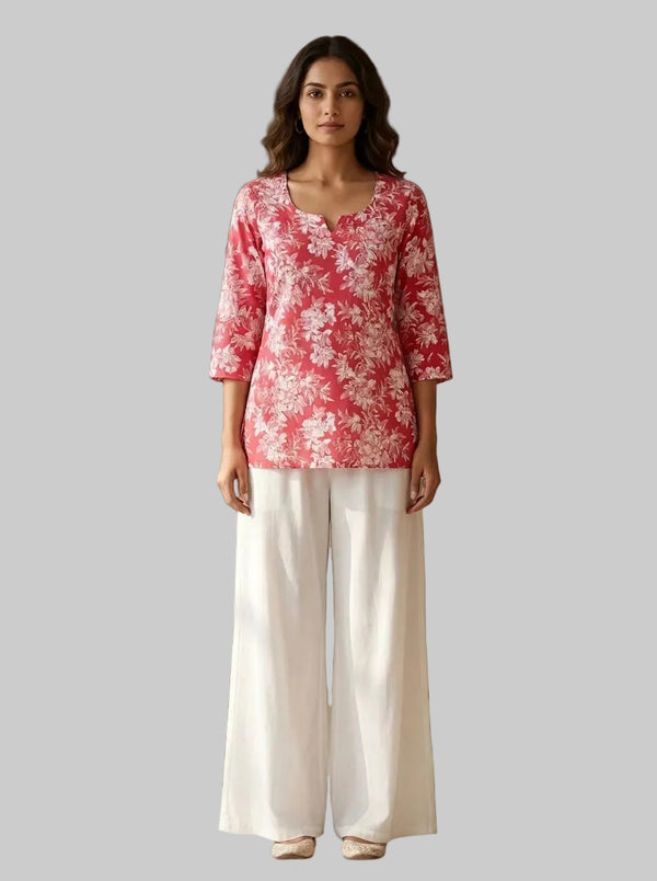 Vastraanii Pink Floral Printed Women’s Cotton Blend Short Kurti 3/4 Sleeves Casual Ethnic Top