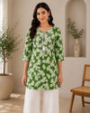 Vastraanii Women's Green Floral Printed Cotton Tassel Neck Kurti Top