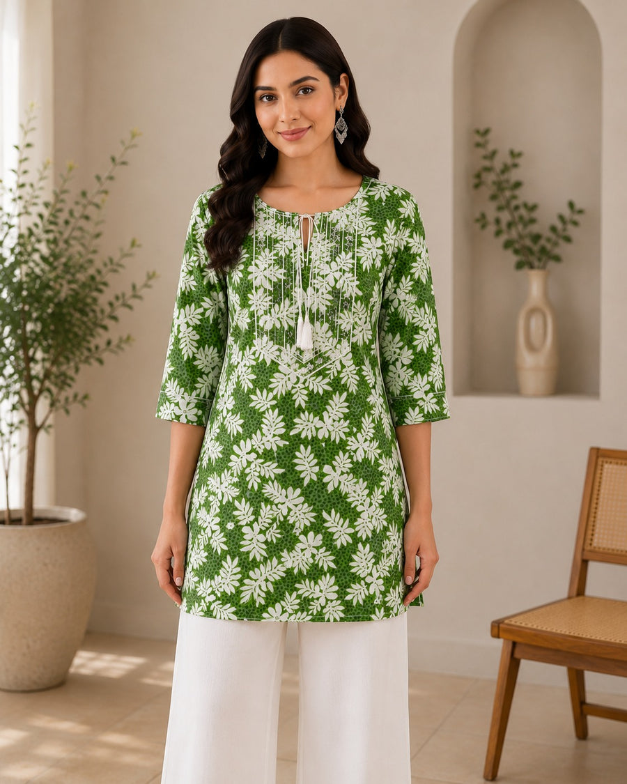 Vastraanii Women's Green Floral Printed Cotton Tassel Neck Kurti Top