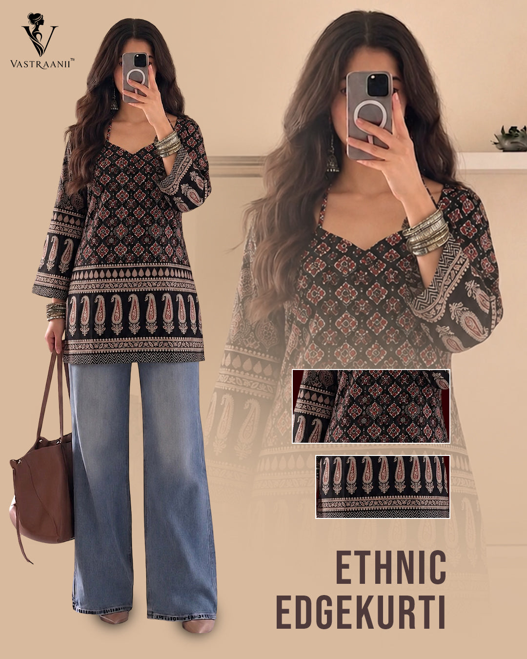 Vastraanii Black Ethnic Paisley Printed Keyhole Neck Short Kurti for Women | Bell Sleeve Indo-Western Top