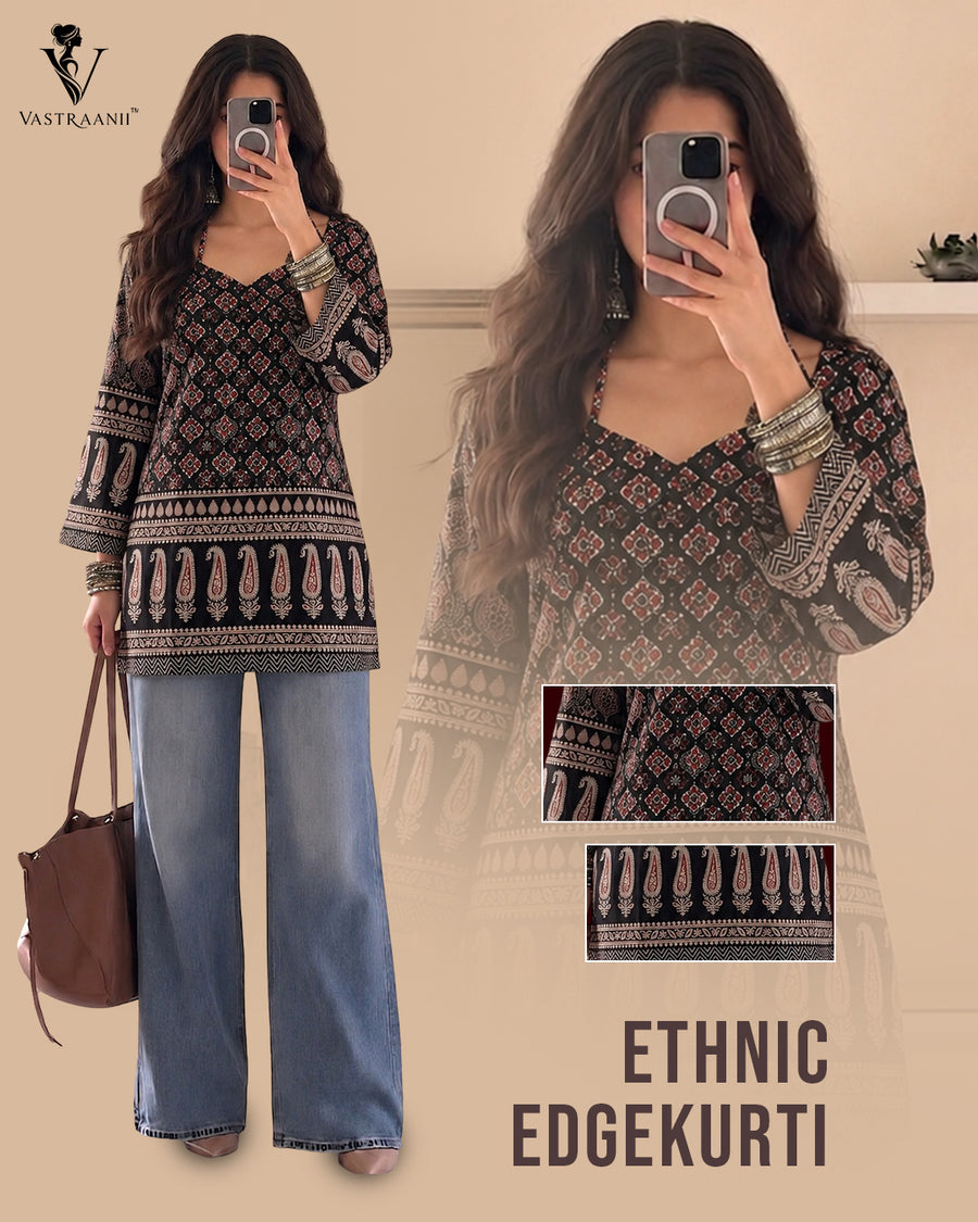 Vastraanii Black Ethnic Paisley Printed Keyhole Neck Short Kurti for Women | Bell Sleeve Indo-Western Top