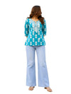 Women's Teal Blue Printed Cotton Short Kurti | Round Neck | 3/4 Sleeves | Regular Fit | Casual Ethnic Top