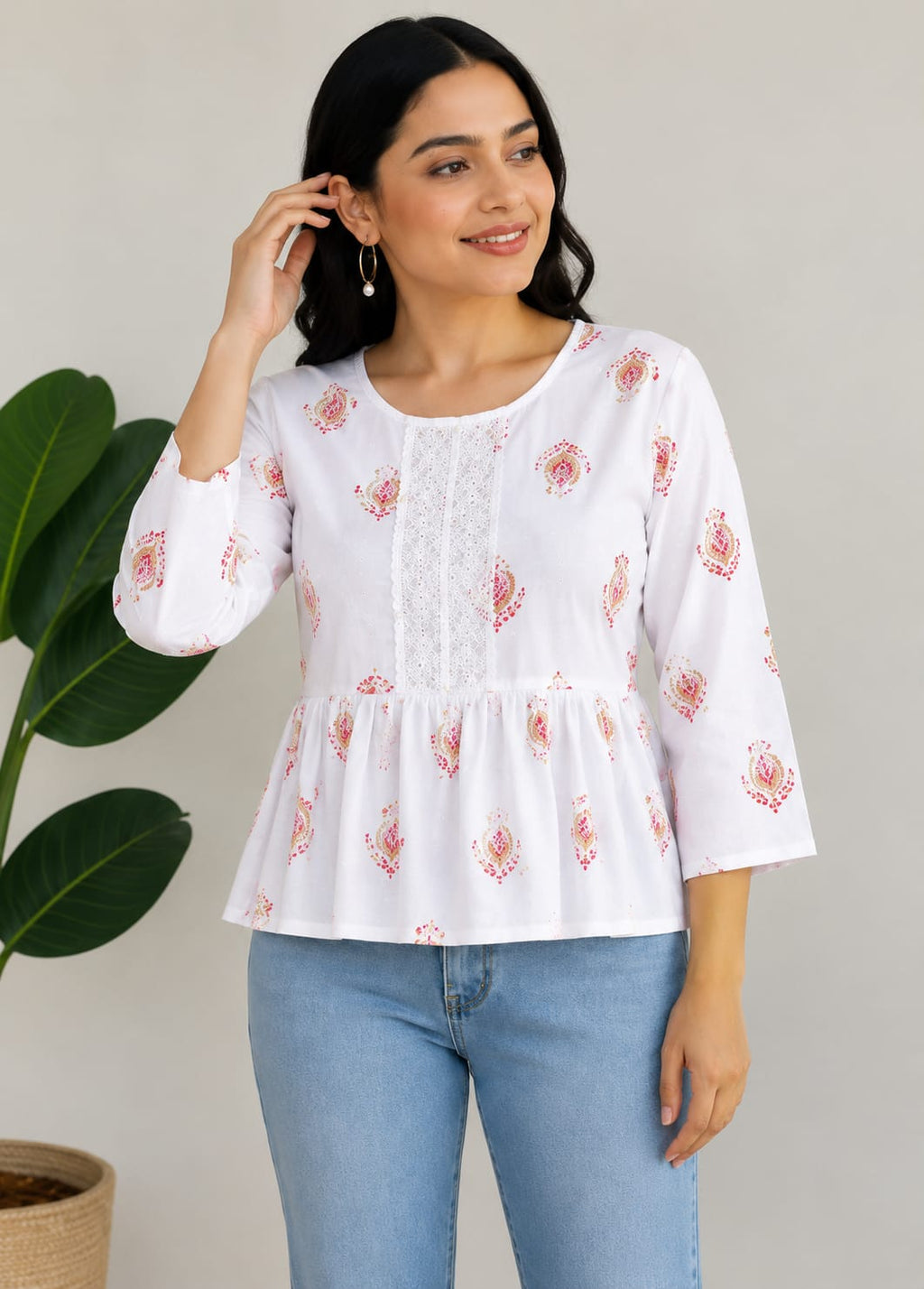 Vastraanii Women's White Floral Printed Peplum Top with Lace Detail