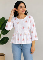 Vastraanii Women's White Floral Printed Peplum Top with Lace Detail