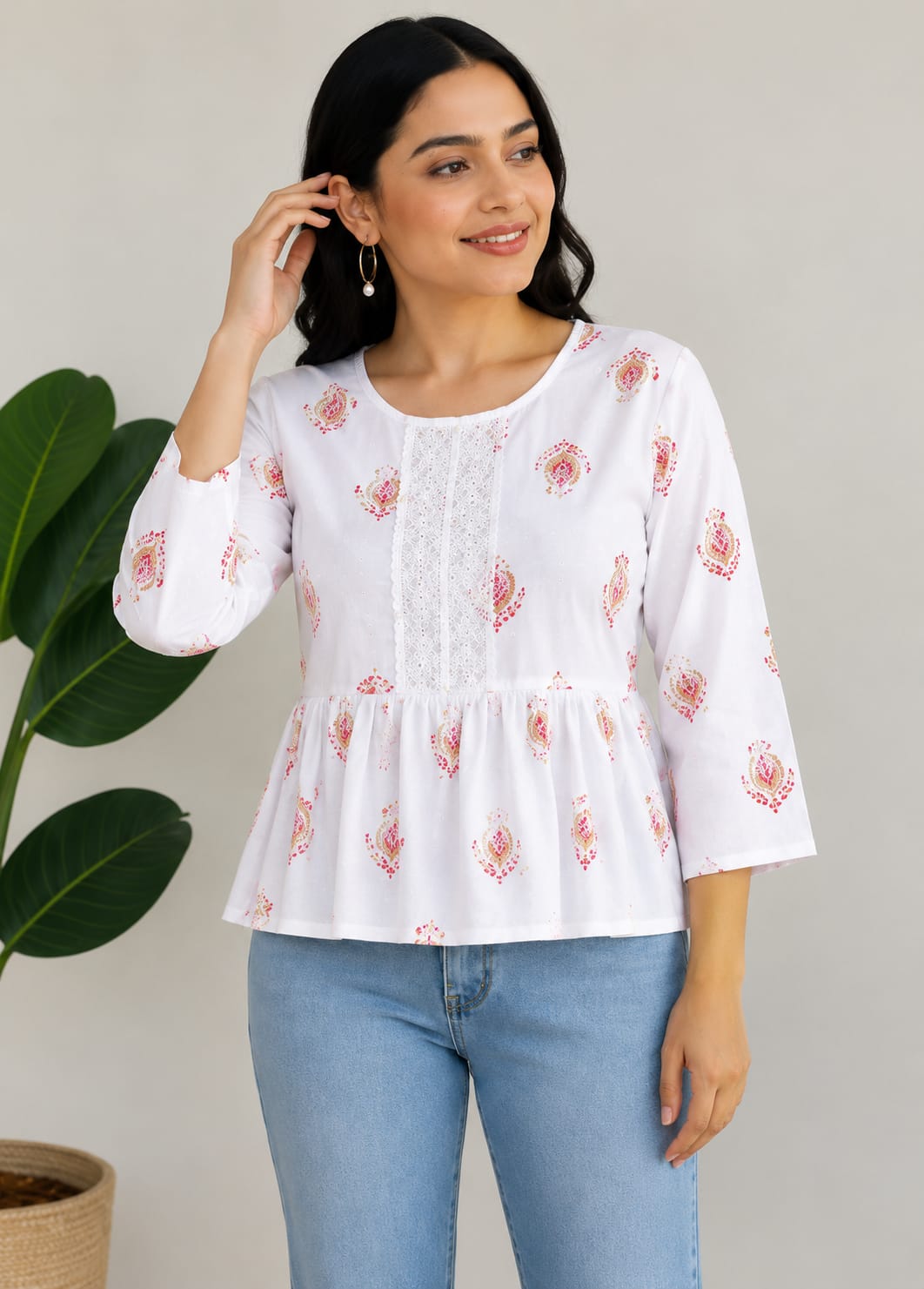Vastraanii Women's White Floral Printed Peplum Top with Lace Detail
