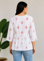 Vastraanii Women's White Floral Printed Peplum Top with Lace Detail
