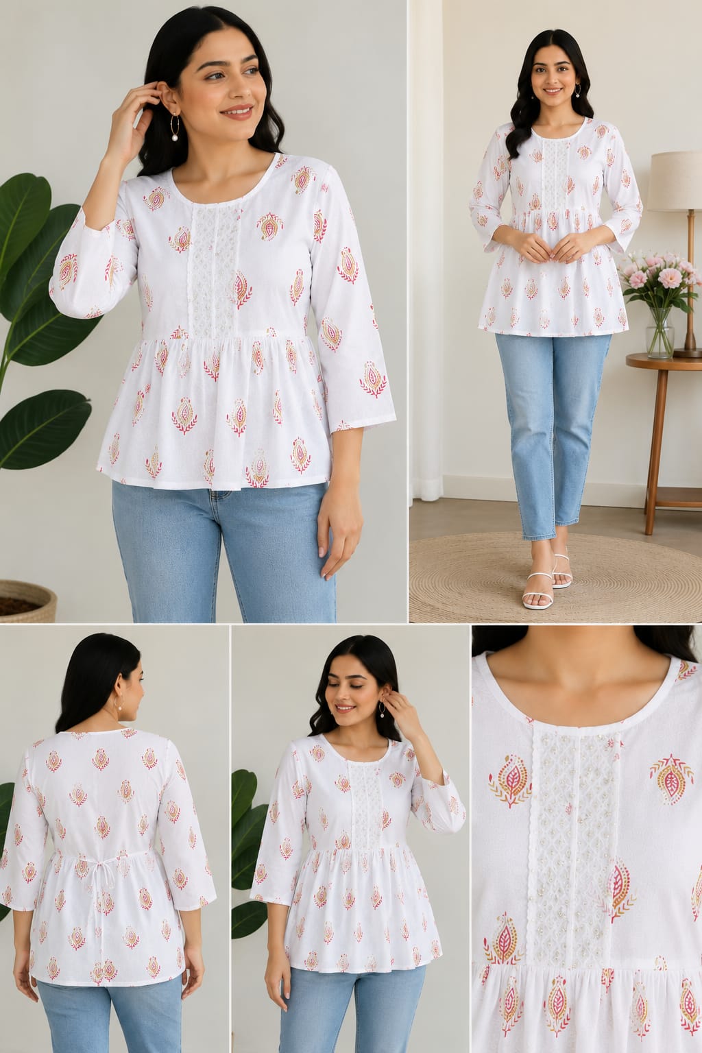 Vastraanii Women's White Floral Printed Peplum Top with Lace Detail
