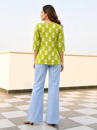 Vastraanii Women's Green Ethnic Printed Cotton Top with Embroidered Yoke