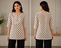 Vastraanii Women's Beige Ethnic Printed Cotton Top with Embroidered Yoke