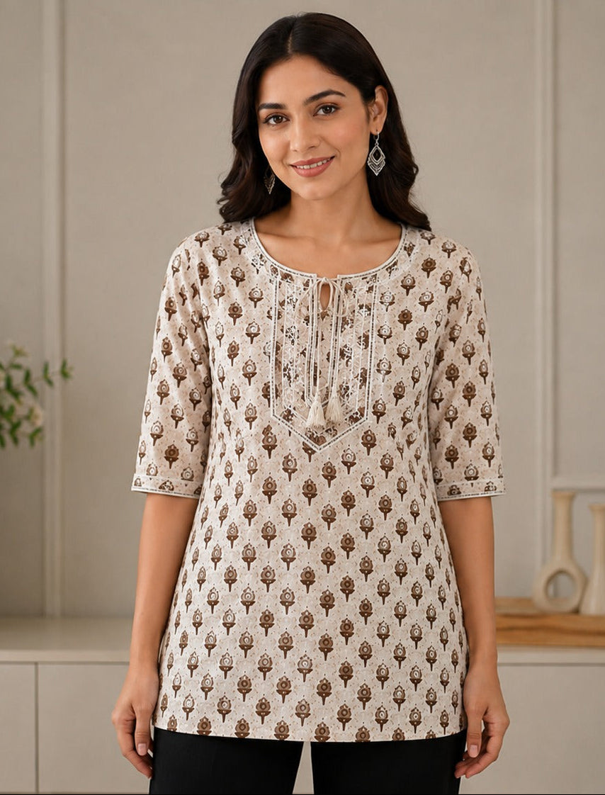 Vastraanii Women's Beige Ethnic Printed Cotton Top with Embroidered Yoke