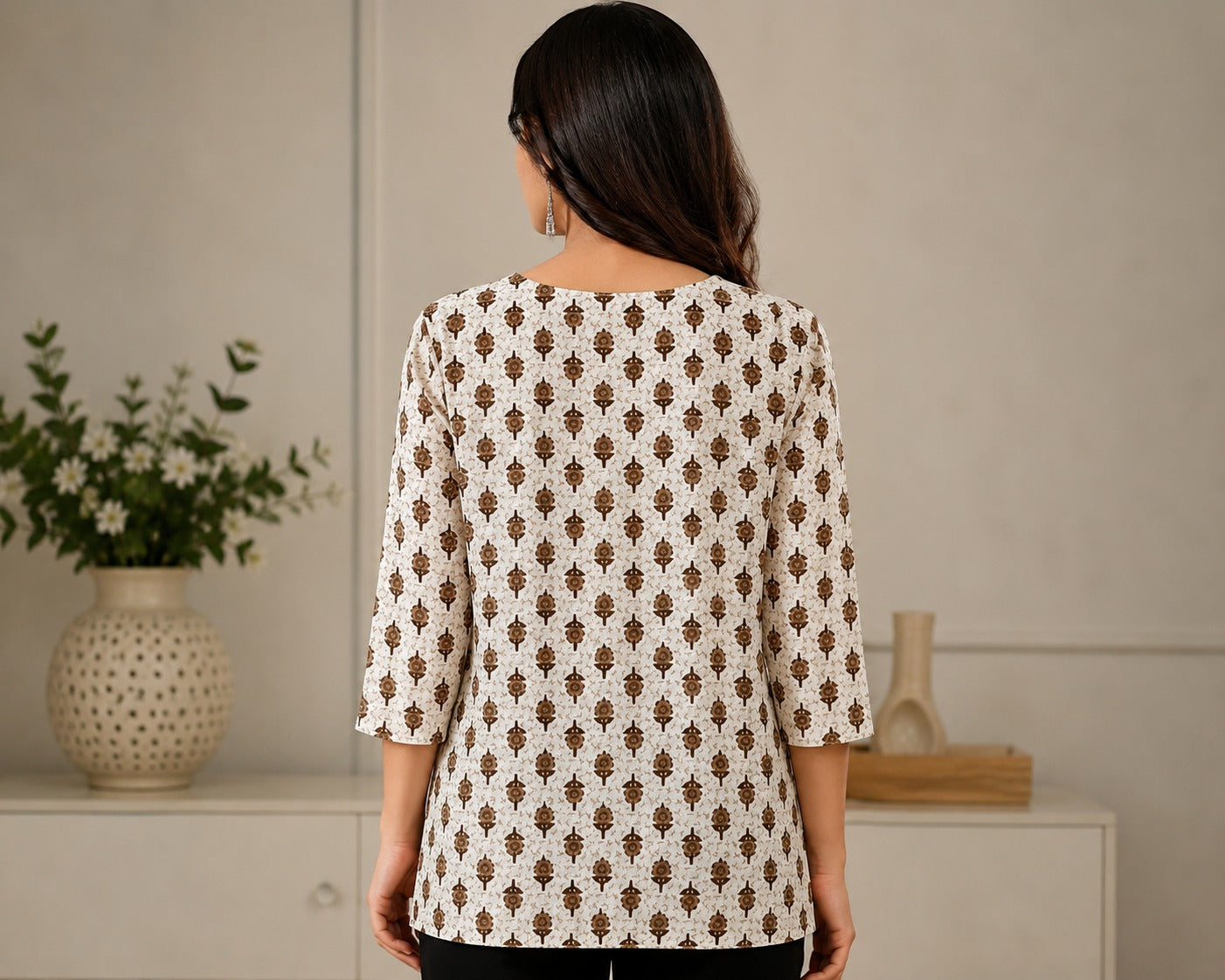 Vastraanii Women's Beige Ethnic Printed Cotton Top with Embroidered Yoke