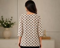 Vastraanii Women's Beige Ethnic Printed Cotton Top with Embroidered Yoke