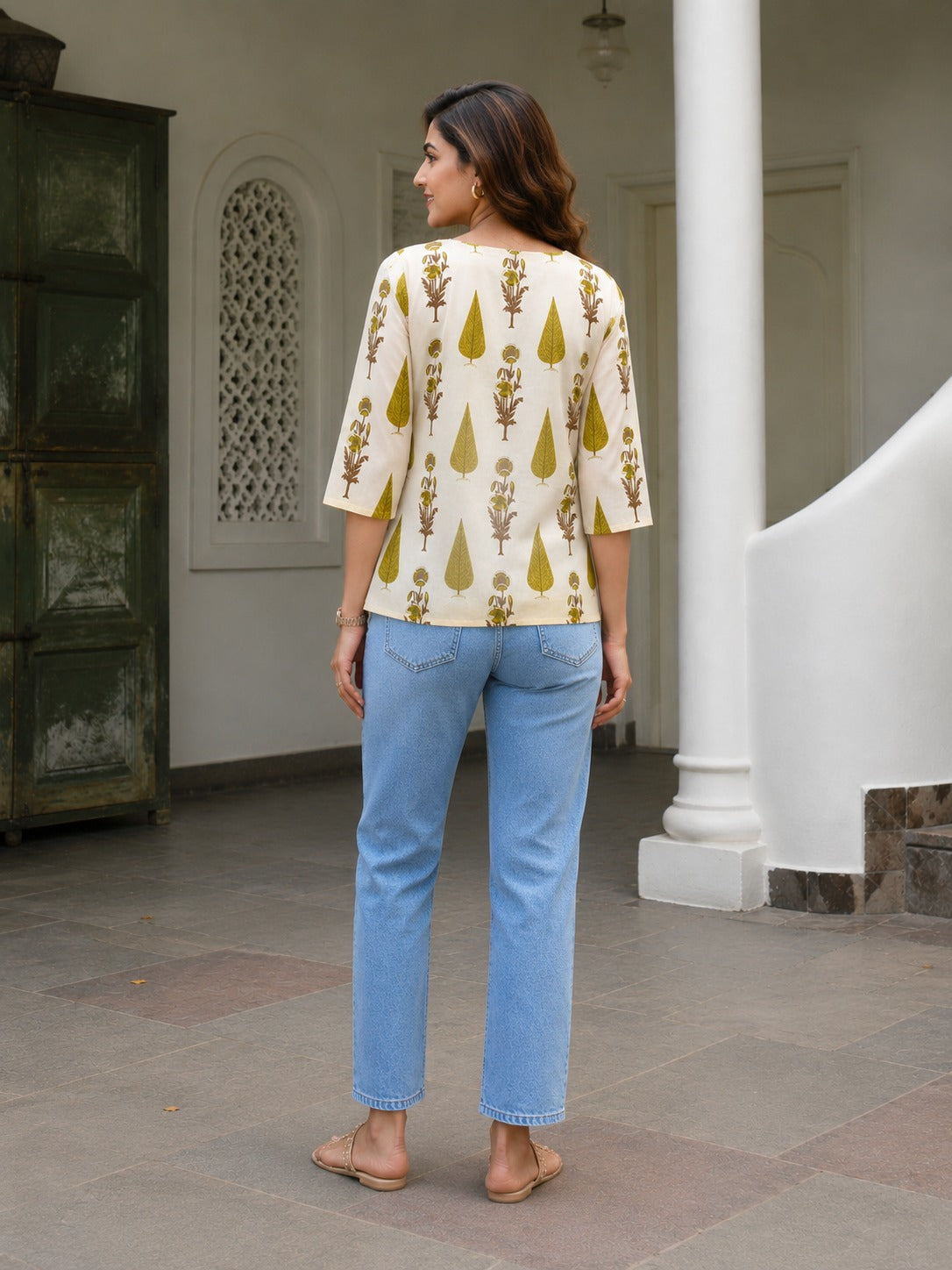 Vastraanii Women's Cream Floral Printed Cotton Top with Notch Neck