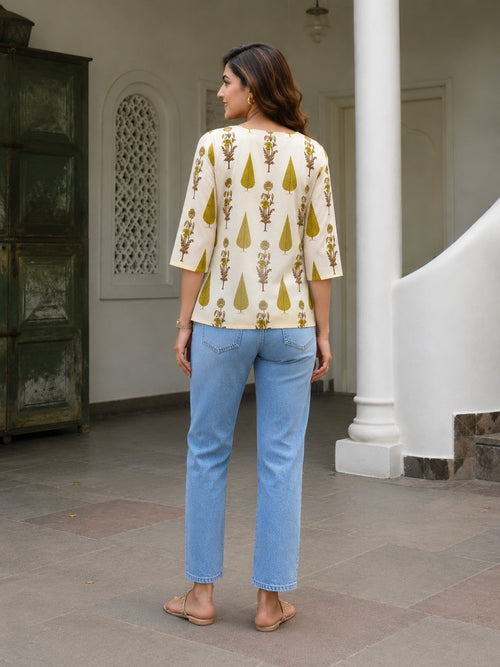 Vastraanii Women's Cream Floral Printed Cotton Top with Notch Neck