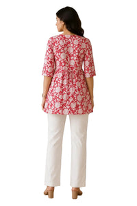 Vastraanii Women's Red Floral Cotton Peplum Kurti with White Lace Yoke & Tie-Up Back