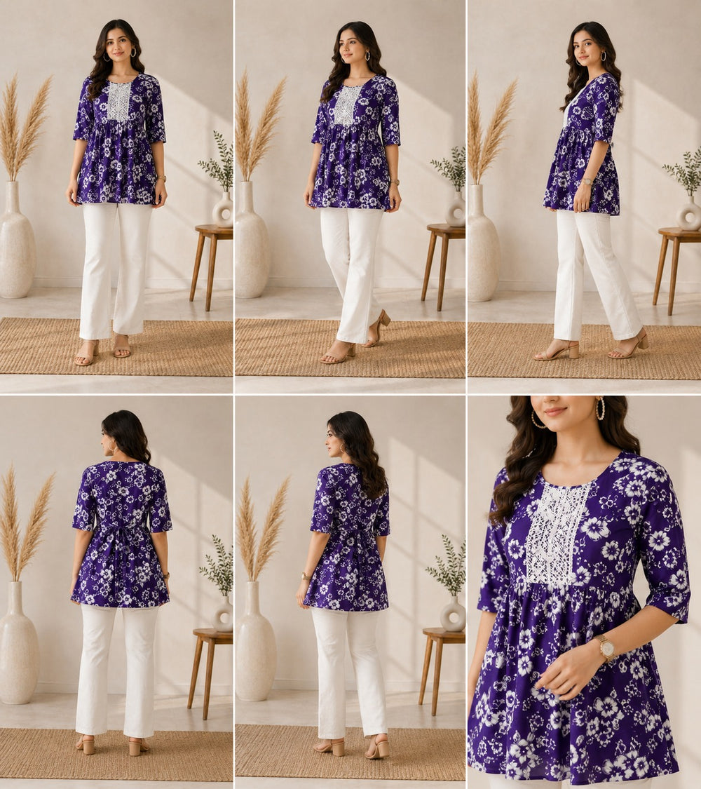 Vastraanii Women's Purple Floral Printed Cotton Peplum Top with Tie-Up Back