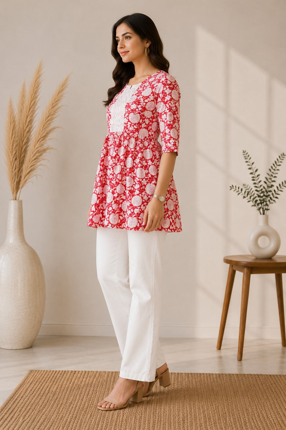 Vastraanii Women's Red Floral Cotton Peplum Kurti with White Lace Yoke & Tie-Up Back