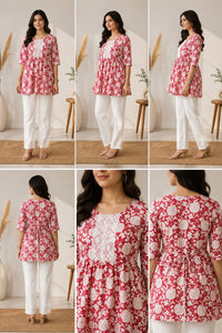 Vastraanii Women's Red Floral Cotton Peplum Kurti with White Lace Yoke & Tie-Up Back