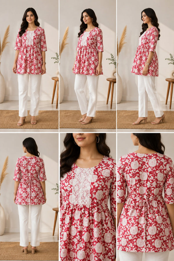 Vastraanii Women's Red Floral Cotton Peplum Kurti with White Lace Yoke & Tie-Up Back