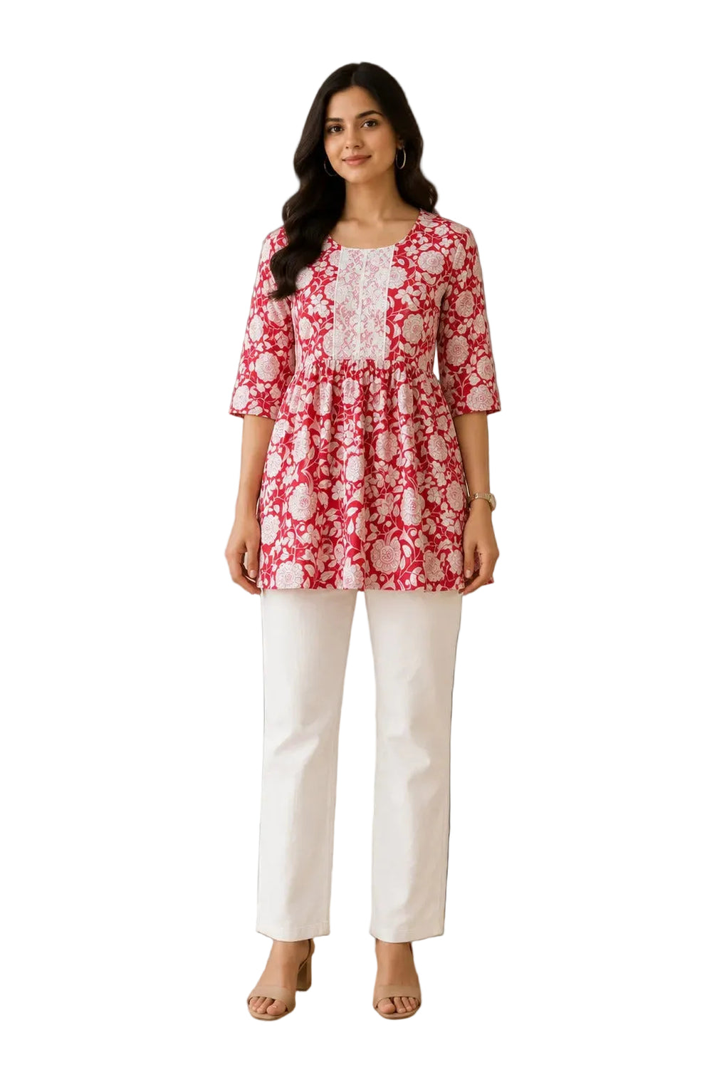 Vastraanii Women's Red Floral Cotton Peplum Kurti with White Lace Yoke & Tie-Up Back