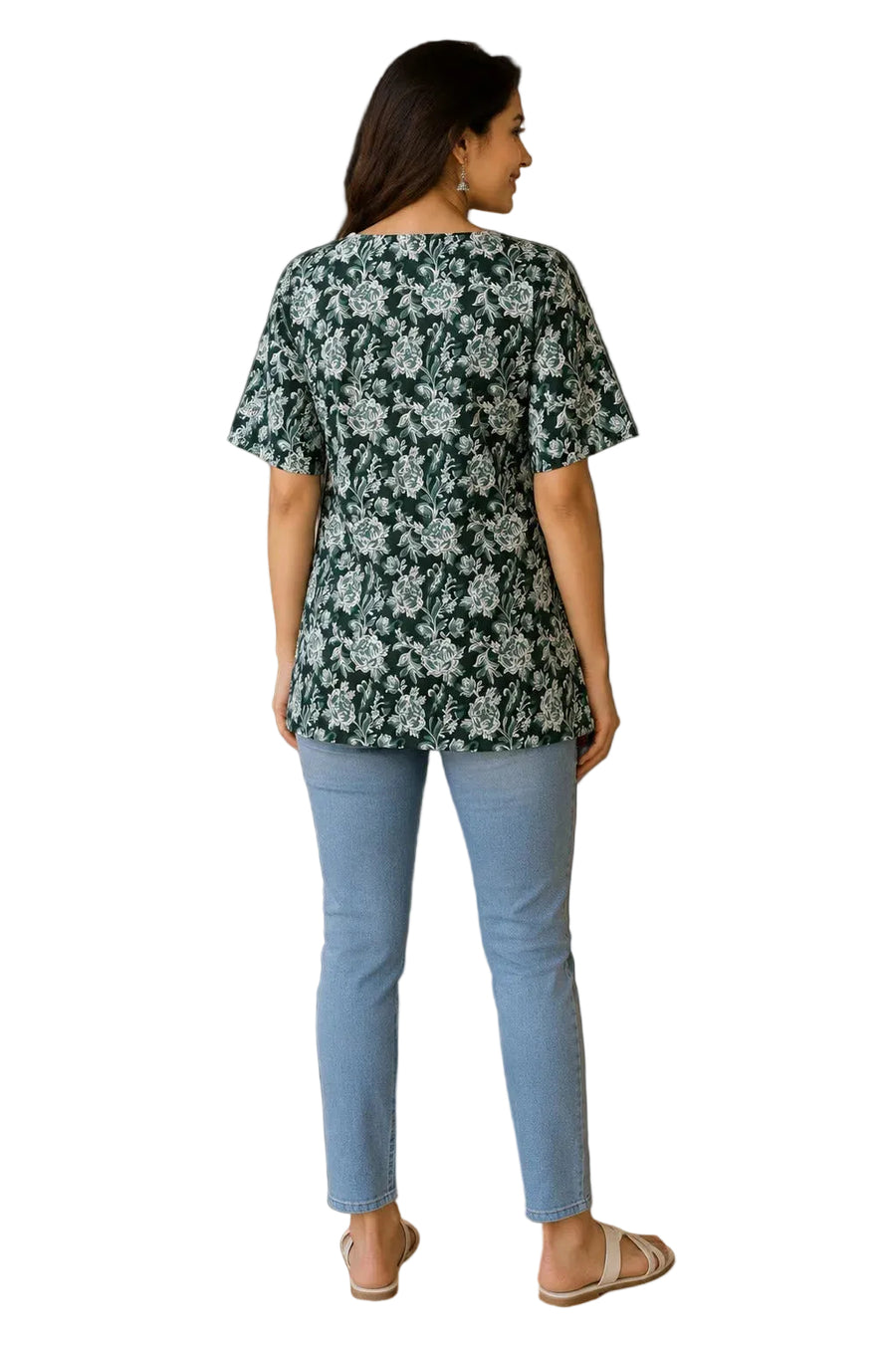 Vastraanii Women's Green Floral Printed Cotton Top with Lace Neck