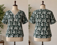 Vastraanii Women's Green Floral Printed Cotton Top with Lace Neck